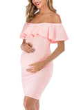 Off-Shoulder Short Sleeves Ruffle Maternity Midi Wrap Dress