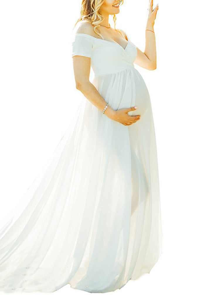 Off-the-shoulder Maxi Maternity Dress With Short Sleeves