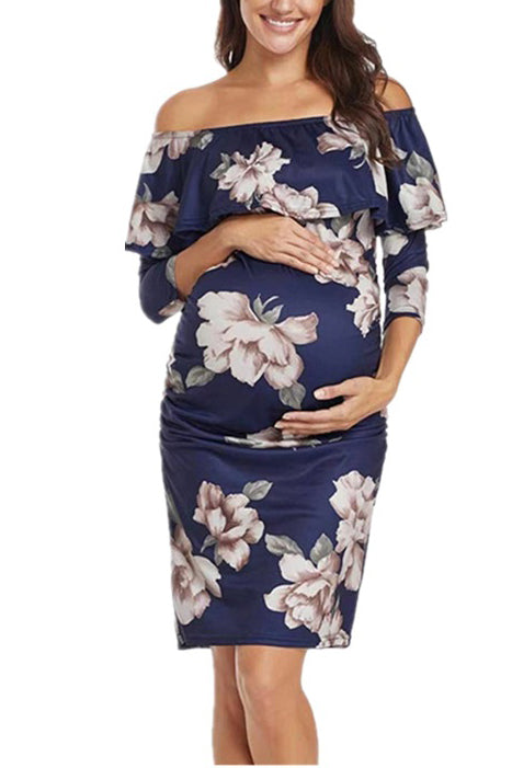 Off-the-shoulder Printed Maternity Ruffled Dress