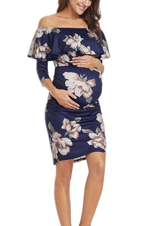 Off-the-shoulder Printed Maternity Ruffled Dress