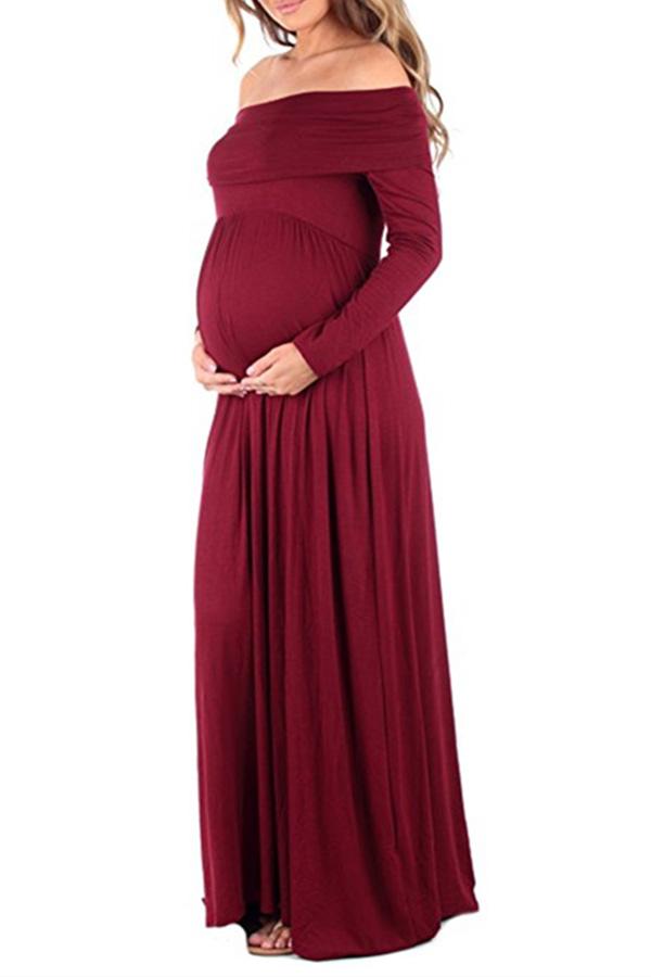 Off Shoulder Maternity Photoshoot Long Dress Burgundy / S Dresses