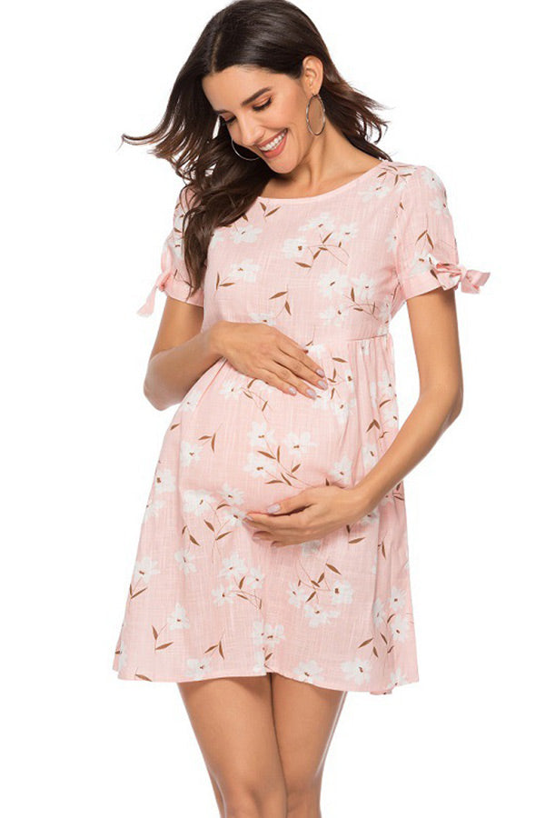 Tropical pink floral button up high-low maternity dress with short