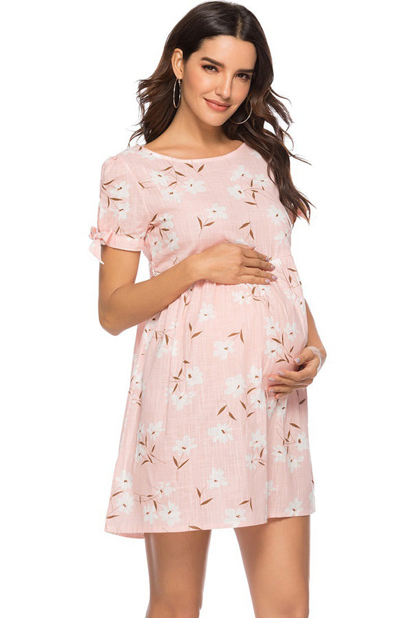 Pink Floral Short Maternity Dress Summer Nursing Dress