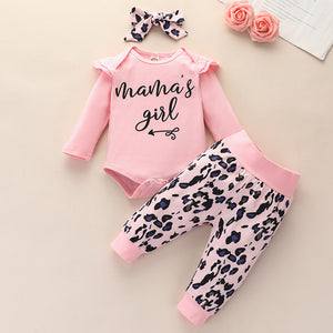 [6M-3Y] 3pcs Pink Lovely Long-Sleeve Romper & Leopard Pant Set