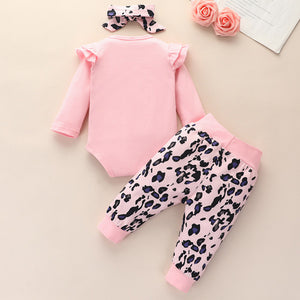 [6M-3Y] 3pcs Pink Lovely Long-Sleeve Romper & Leopard Pant Set