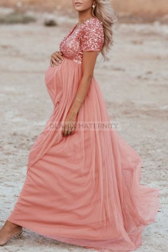 Pink Sequined Short Sleeves Sparkly Maternity Maxi Dress