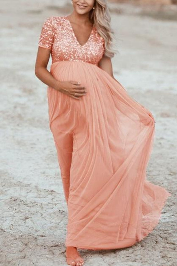 Momyknows Blue Tulle Ruffle V-neck Slit Plus Size Photoshoot Baby Shower Maternity  Maxi Dress