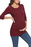 Pregnancy Side Ruched Basic Maternity T-Shirt With 3/4 Sleeves Burgundy / S Tops