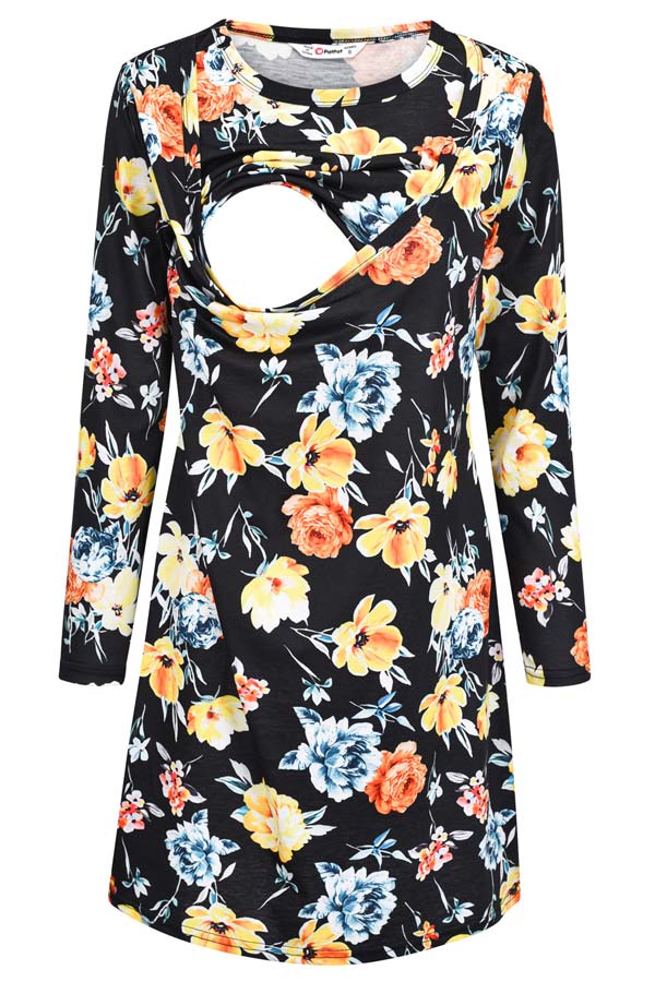 Printed Breastfeeding Skirt Long Sleeve Double Breastfeeding Dress Printed Breastfeeding Skirt Long Sleeve Double Breastfeeding Dress