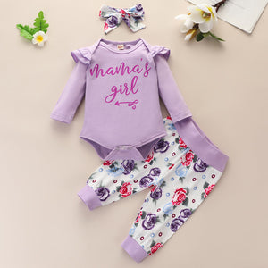 [6M-3Y] 3pcs Purple Long-Sleeve Romper & Floral Print Pant Set