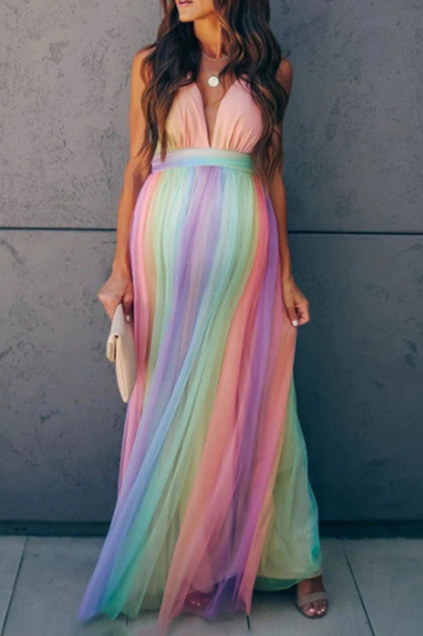 Rainbow V-neck Maternity Photoshoot Maxi Dress