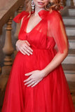 Red Tulle A-line Maternity Photograph Gown