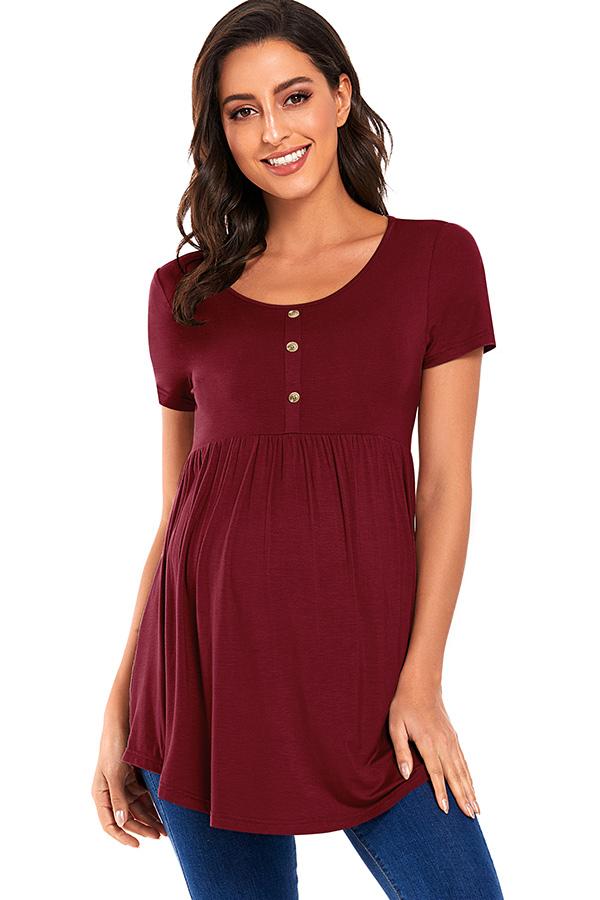 Round Neck Buttoned Ruched Maternity Top