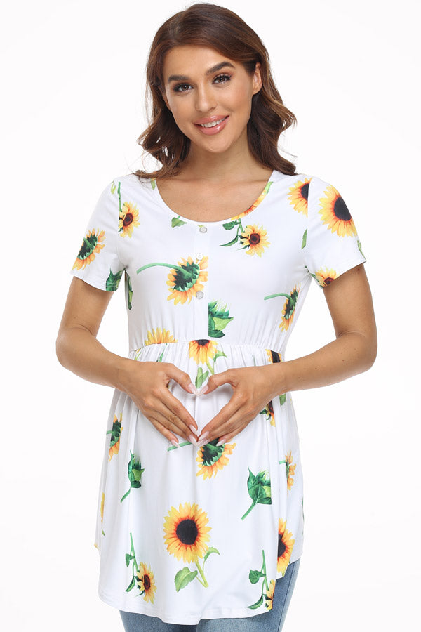 Round Neck Short Sleeve Sunflower Maternity Top