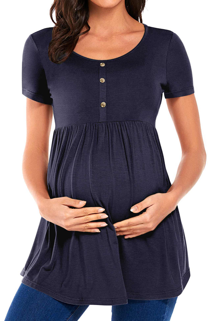 Round Neck Buttoned Ruched Maternity Top Dark Navy / S Tops