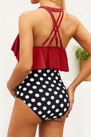 Ruffled Top High Waist Polka Dot Maternity Split Swimsuit
