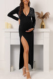Sexy Black Beaded Deep V-neck Thigh-high Slit Maternity Dress