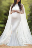 Fabulous White Slim-Fit Caped Maternity Photoshoot Dress