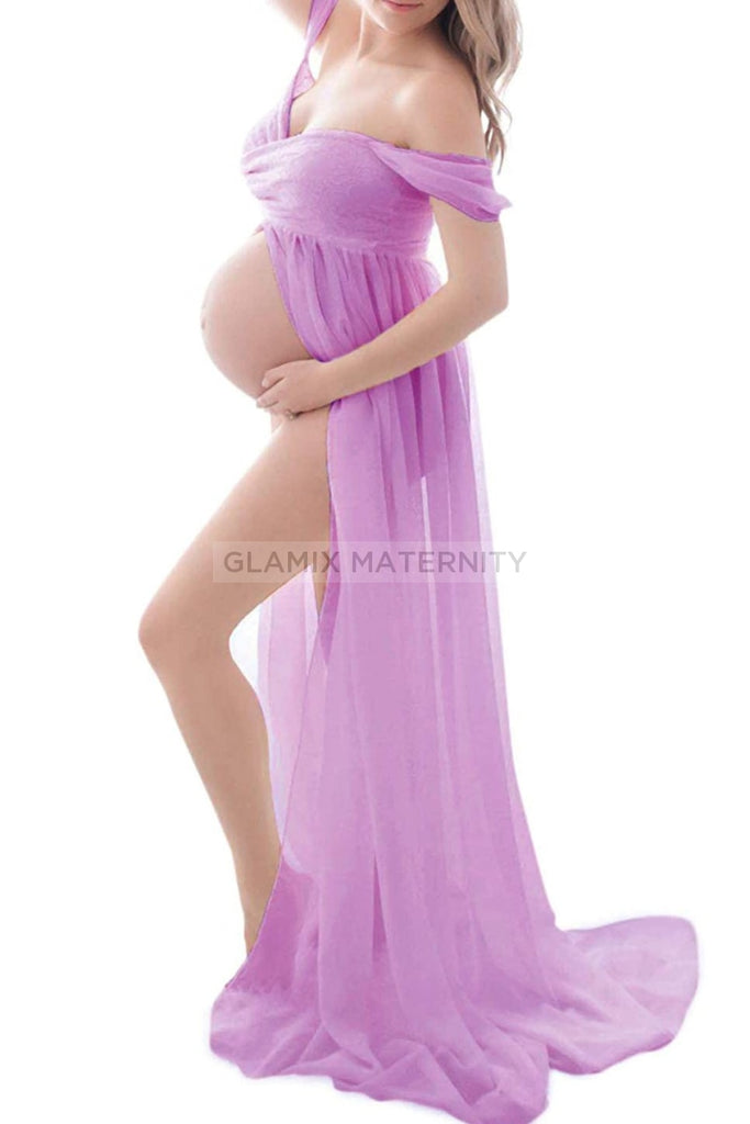 Sexy Off-the-shoulder Thigh-high Slit Maternity Photoshoot Dress