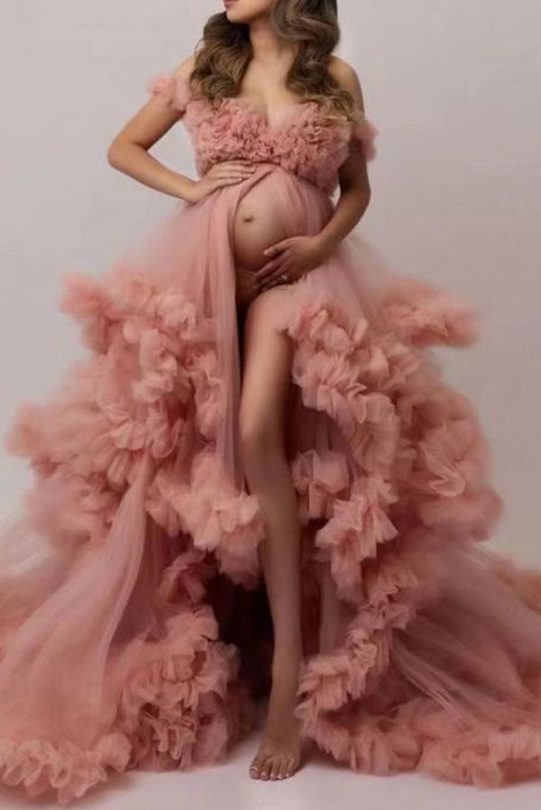 Custom Sexy Pink High Slit Maternity Photoshoot Gown
