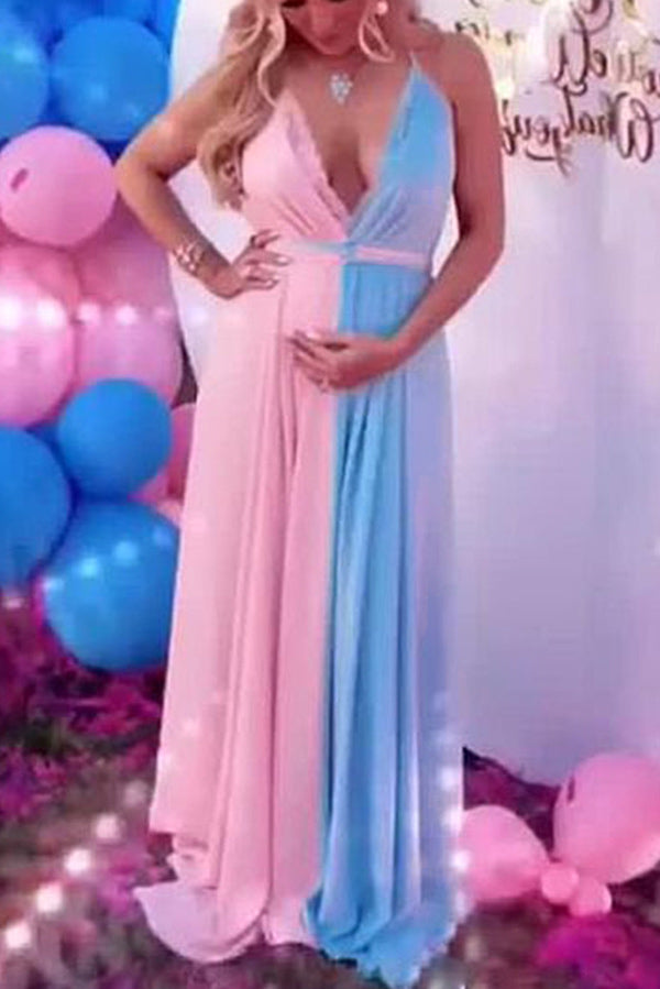 Sexy Two-tone Thigh-high Slit Maternity Dress, Pink / L Sexy Two-tone Thigh-high Slit Maternity Dress, Pink / L