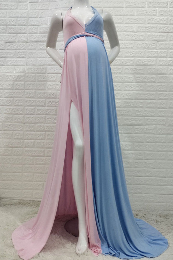 Sexy Two-tone Thigh-high Slit Maternity Dress, Pink / L