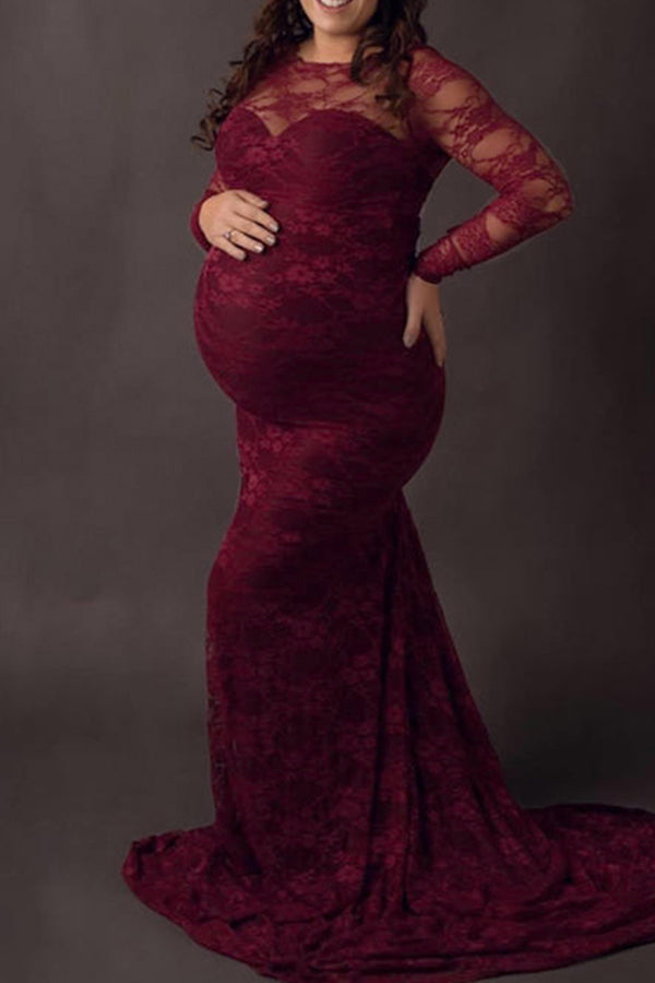 Soft Lace Mermaid Long Maternity Photoshoot Gown With Sleeves, Burgundy / L Soft Lace Mermaid Long Maternity Photoshoot Gown With Sleeves, Burgundy / L