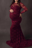 Soft Lace Mermaid Long Maternity Photoshoot Gown With Sleeves