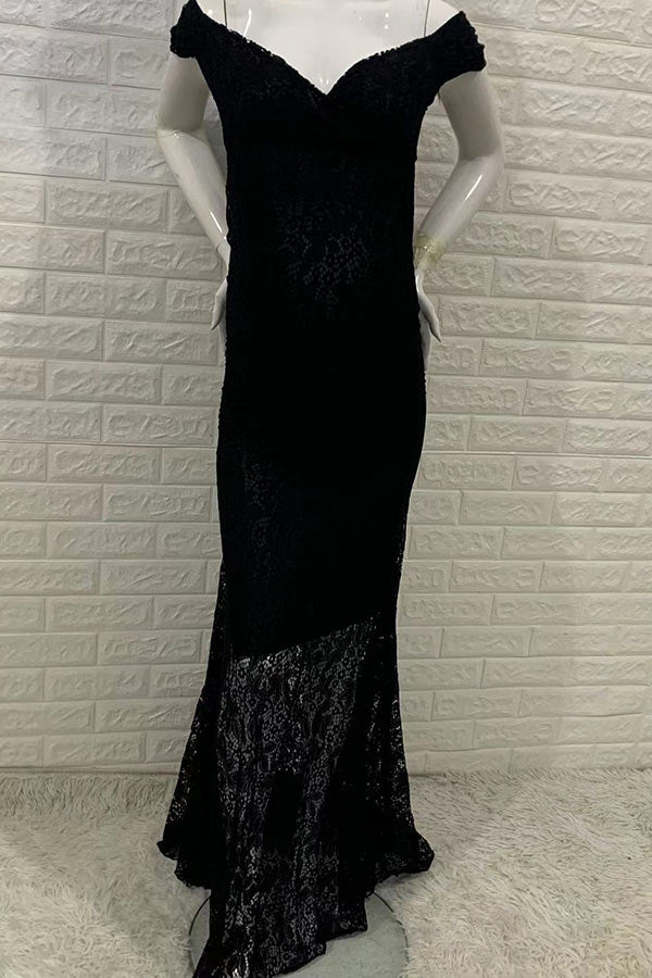 Soft Lace Mermaid Off-The-Shoulder Maternity Photoshoot gown, Black / S Soft Lace Mermaid Off-The-Shoulder Maternity Photoshoot gown, Black / S