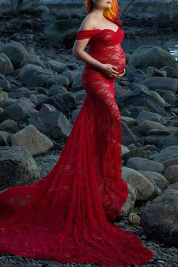 Soft Lace Off-the-shoulder Mermaid Maternity Photoshoot Dress