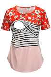 Solid Color Print Striped Splicing Double Layer Short Sleeve Nursing Top