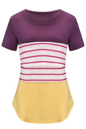 Solid Color Print Striped Splicing Double Layer Short Sleeve Nursing Top