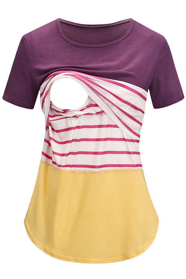 Solid Color Print Striped Splicing Double Layer Short Sleeve Nursing Top