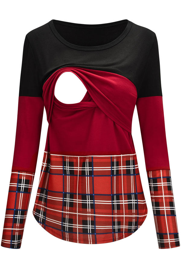 Stitching Contrast Stripes Color Block Comfortable Nursing Top - Glamix Maternity