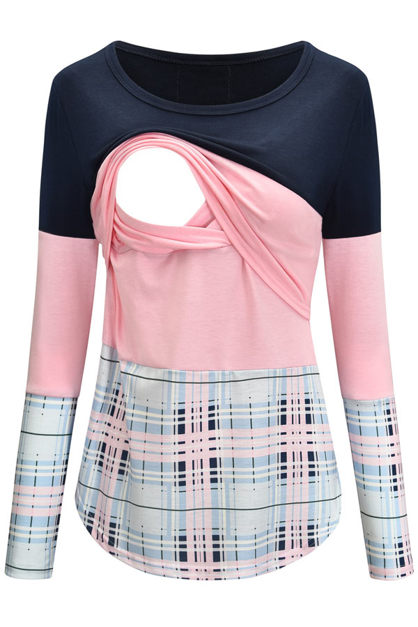 Stitching Contrast Stripes Color Block Comfortable Nursing Top - Glamix Maternity