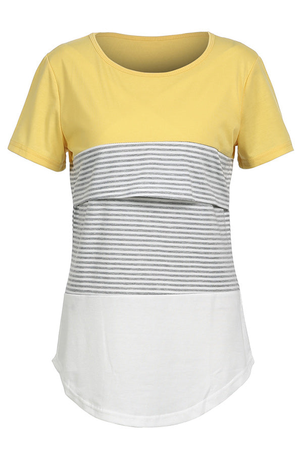 Striped  Double Layered Short Sleeves Nursing Top