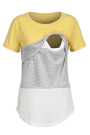 Striped  Double Layered Short Sleeves Nursing Top