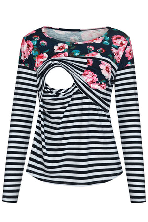 Striped Comfortable Short-Sleeved Pajamas Printed Nursing Top