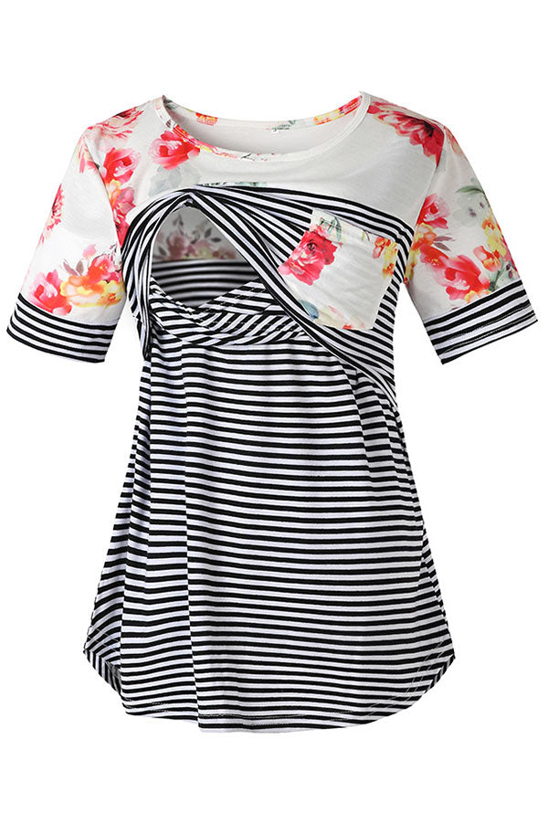 Striped Splicing Printing Double Layer Short Sleeve Nursing Top
