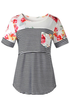 Striped Splicing Printing Double Layer Short Sleeve Nursing Top