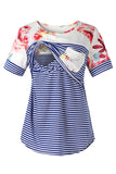 Striped Splicing Printing Double Layer Short Sleeve Nursing Top