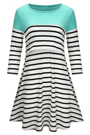 Striped Two-tone 3/4 Sleeves Nursing Dress