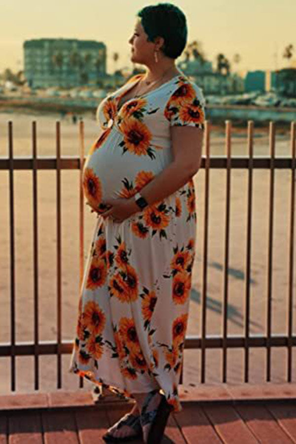 Sunflower Short Sleeves Cotton Maternity Dress Baby Shower Dress