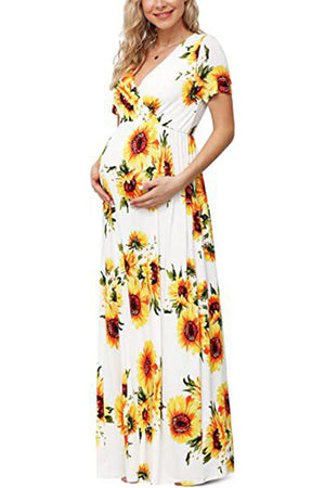 Sunflower Short Sleeves Cotton Maternity Dress Babyshower Dress