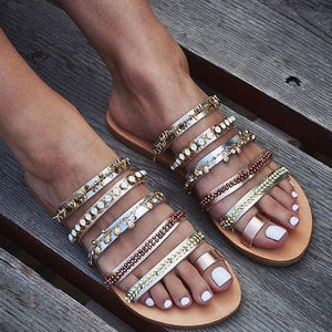 Toe-Loop Flats Slide Sandals With Rhinestone - Glamix Maternity