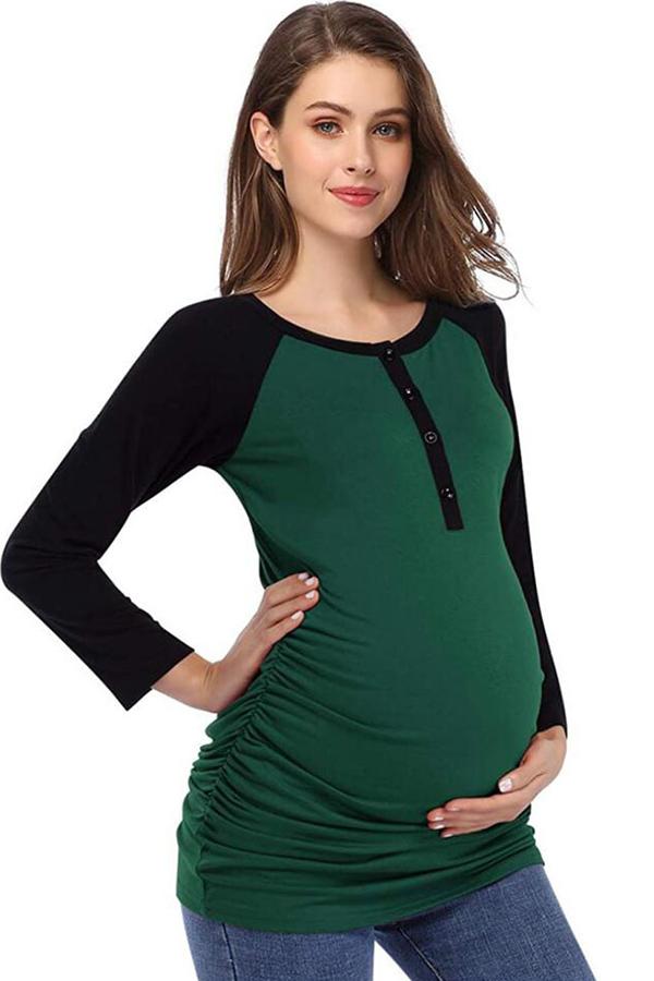 Two-tone Buttoned Nursing Tops Breastfeeding Maternity Shirt