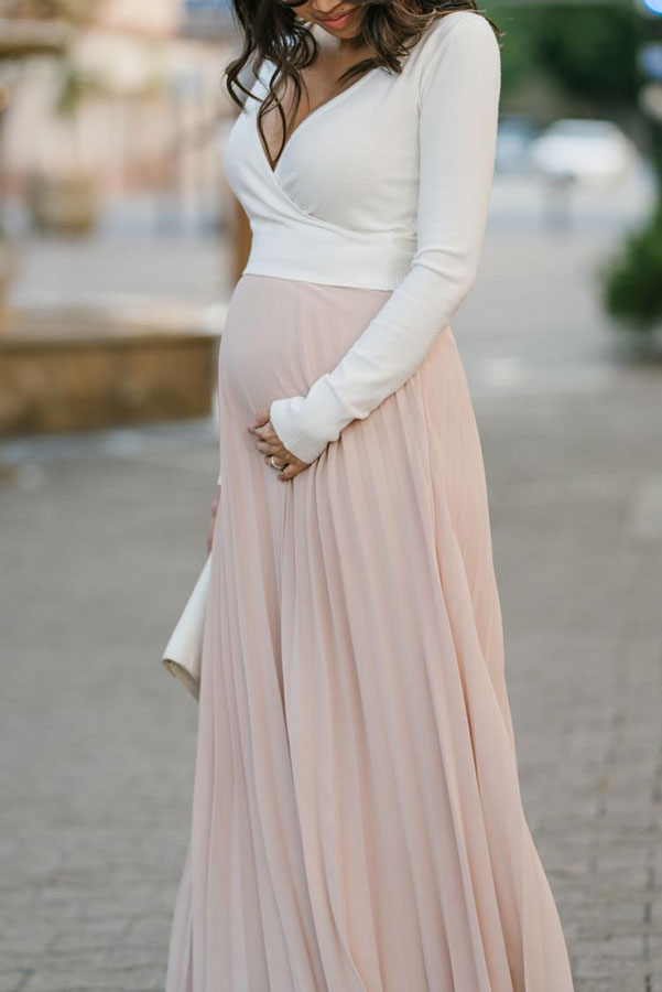 Two-tone Pleated Deep V-neck Long Sleeves Maxi Maternity Dress