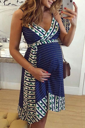 V-Neck Spaghetti Strap Maternity Printed Dress