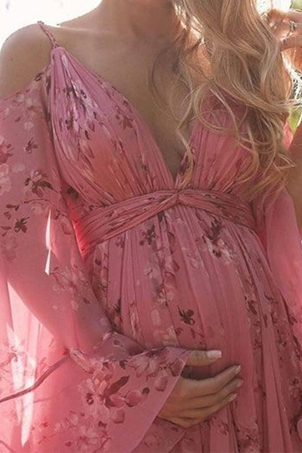 Vintage Boho Maxi Maternity Dress Floral Photoshoot Dress, Pink / L Vintage Boho Maxi Maternity Dress Floral Photoshoot Dress, Pink / L