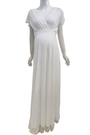 White Lace Long Maternity Dress With Cape Sleeves